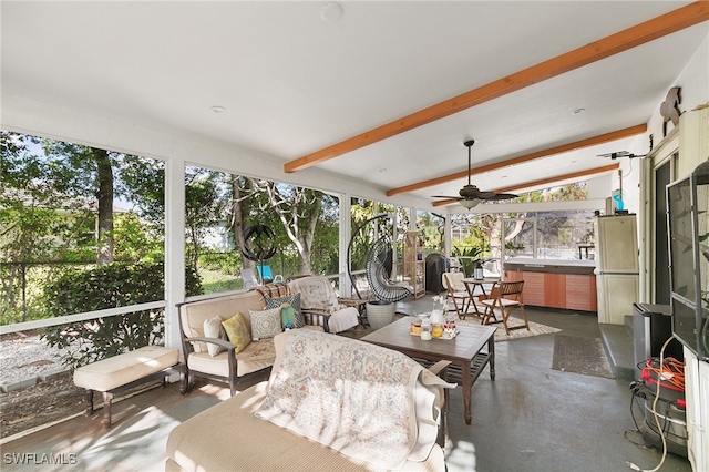 sunroom featuring ceiling fan and beam ceiling