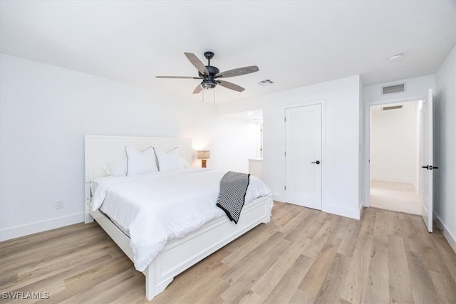 bedroom with ceiling fan and light wood-type flooring