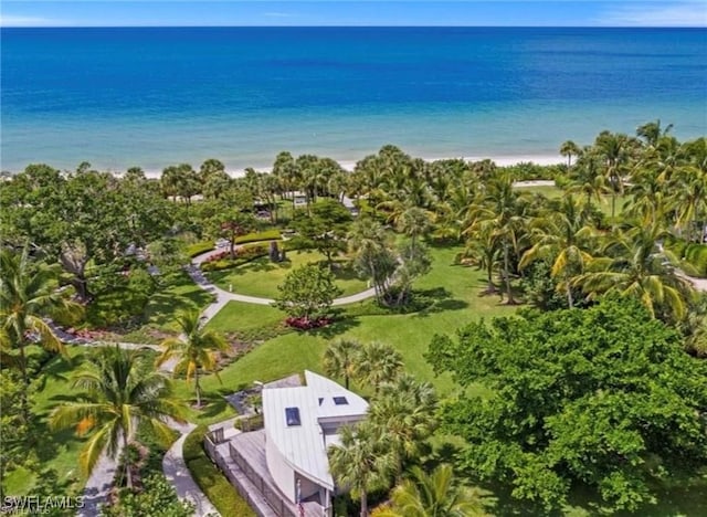 aerial view with a water view and a view of the beach