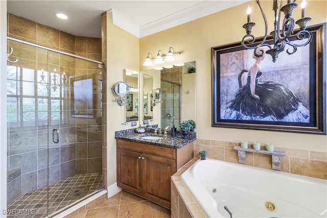 bathroom with vanity, tile patterned floors, plus walk in shower, and ornamental molding