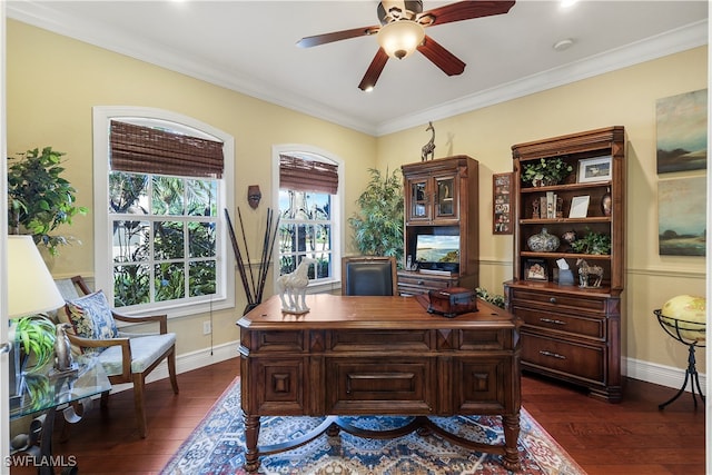 office area with dark hardwood / wood-style flooring, ceiling fan, and crown molding