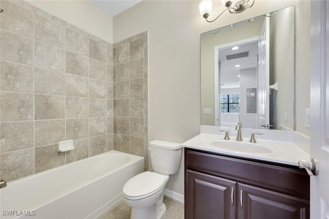 full bath with toilet,  shower combination, vanity, and visible vents