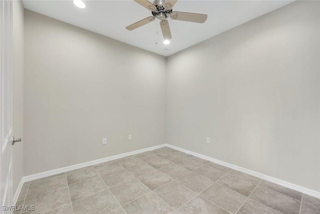 empty room featuring a ceiling fan, recessed lighting, and baseboards