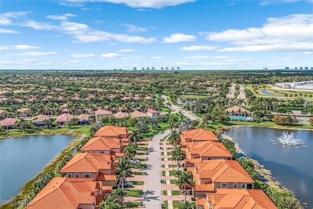 bird's eye view featuring a water view and a residential view