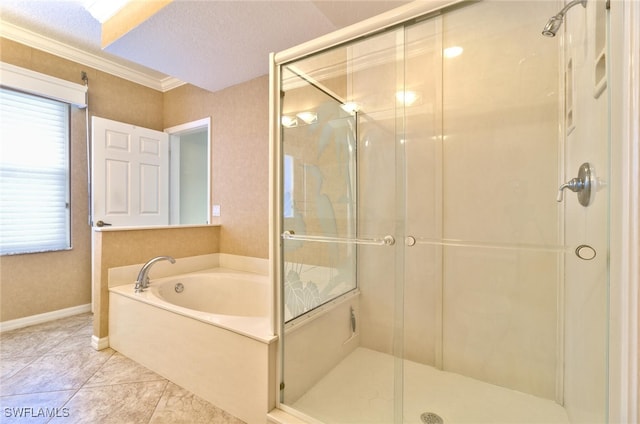 bathroom featuring ornamental molding, tile patterned flooring, a textured ceiling, and plus walk in shower