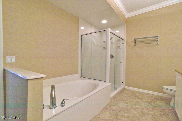 bathroom featuring crown molding, shower with separate bathtub, and toilet