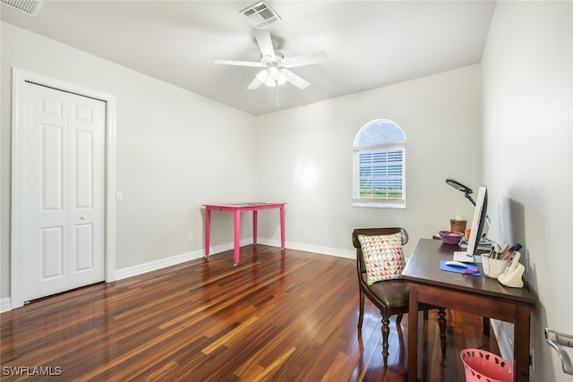 office featuring ceiling fan and dark hardwood / wood-style floors