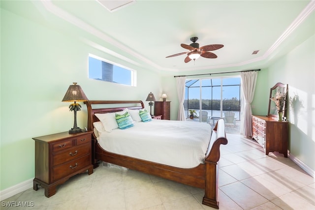 bedroom with access to outside, ceiling fan, crown molding, and light tile patterned flooring