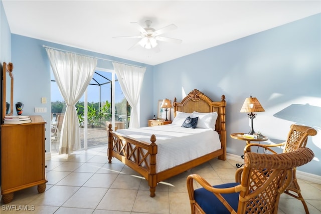 tiled bedroom featuring ceiling fan and access to outside