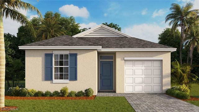 713 Fullerton Ave S, Lehigh Acres, FL 33935 - ranch-style house with a garage, decorative driveway, stucco siding, and roof with shingles