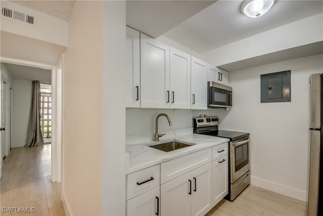 kitchen featuring electric panel, white cabinets, sink, light wood-type flooring, and stainless steel appliances