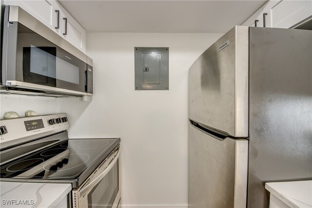 kitchen featuring electric panel, stainless steel appliances, and white cabinetry