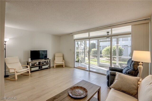 living room with a textured ceiling and light hardwood / wood-style flooring