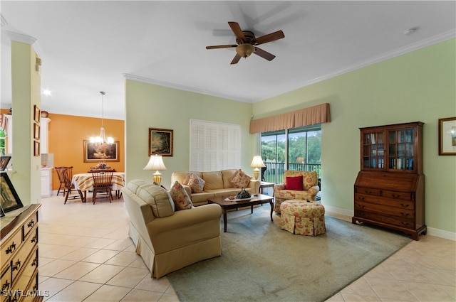 living room featuring light tile patterned flooring, ceiling fan with notable chandelier, and crown molding