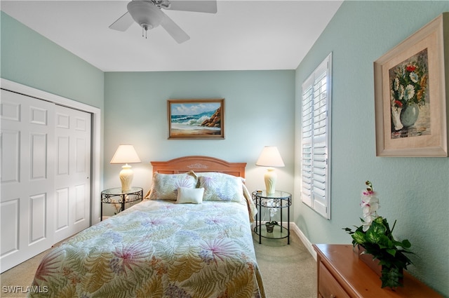 bedroom featuring carpet flooring, ceiling fan, and a closet