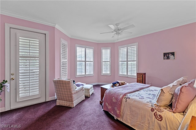 carpeted bedroom featuring ceiling fan and crown molding