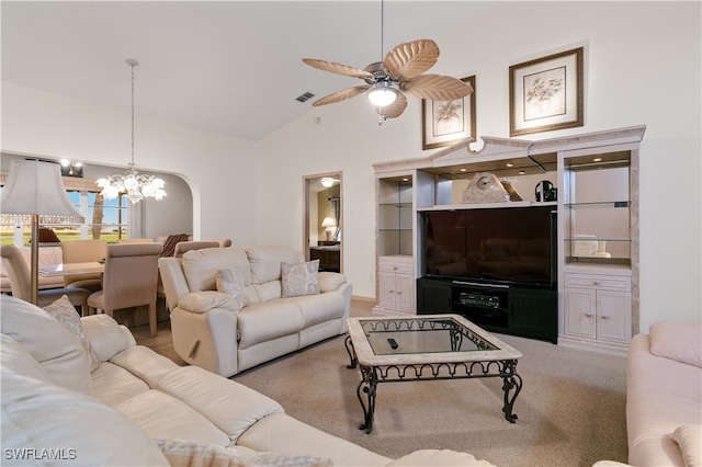 living room featuring ceiling fan with notable chandelier, carpet, and high vaulted ceiling