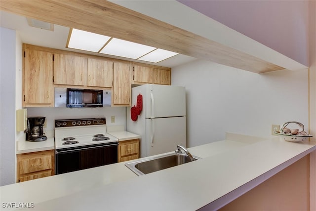 kitchen with light brown cabinets, kitchen peninsula, white appliances, and sink