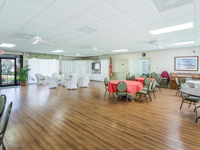 dining space with ceiling fan, wood-type flooring, and a drop ceiling