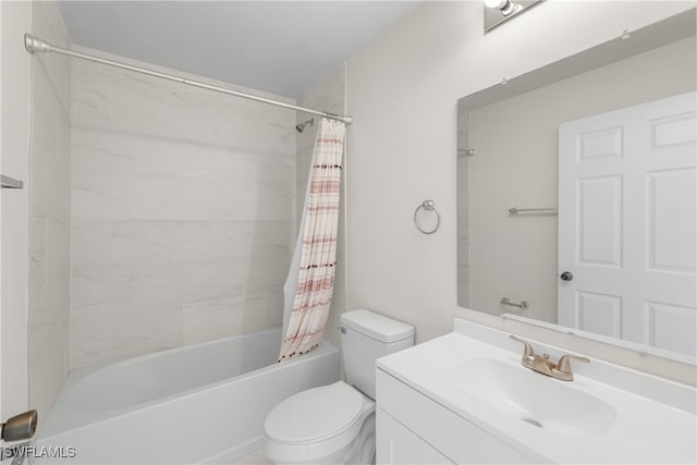 full bathroom featuring vanity, shower / bathtub combination with curtain, and toilet