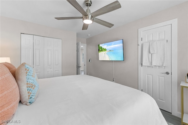 bedroom featuring dark wood-type flooring, ceiling fan, and a closet