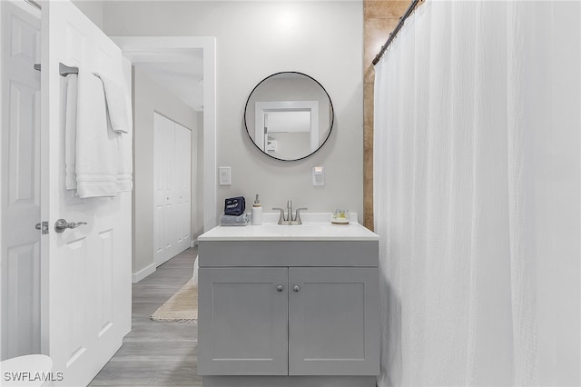 bathroom with vanity and wood-type flooring