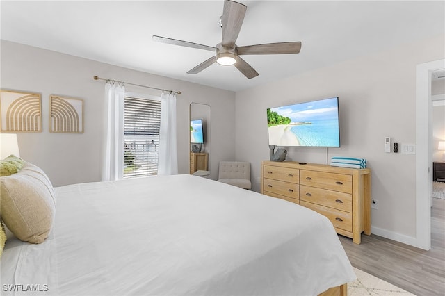 bedroom featuring ceiling fan and light wood-type flooring