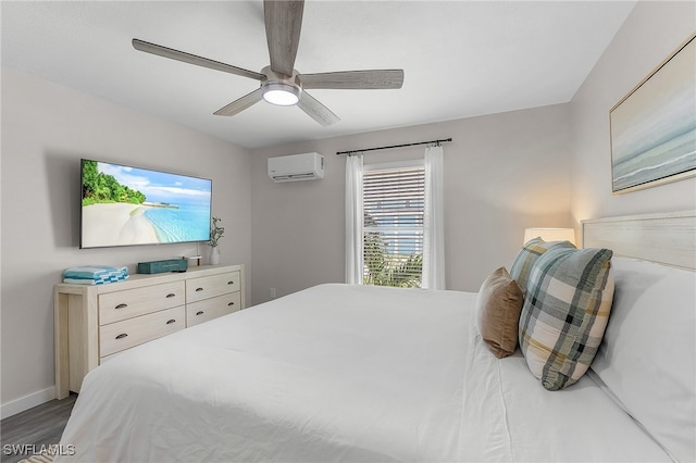 bedroom featuring hardwood / wood-style flooring, ceiling fan, and a wall mounted AC