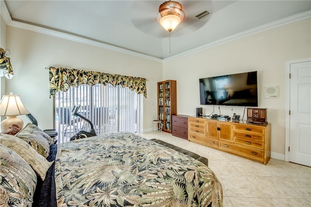 bedroom with ornamental molding, tile patterned floors, ceiling fan, and access to exterior