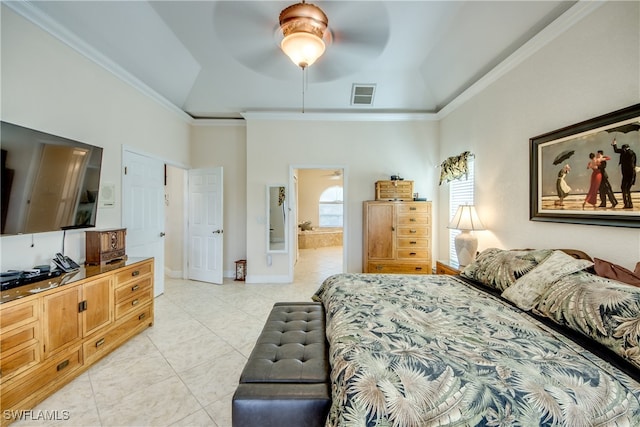 tiled bedroom with connected bathroom, ornamental molding, and ceiling fan