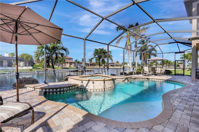 view of swimming pool with a lanai, an in ground hot tub, a water view, and a patio