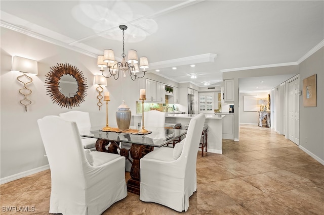 dining area with an inviting chandelier and ornamental molding