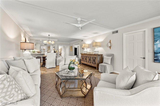 living room with crown molding and ceiling fan with notable chandelier