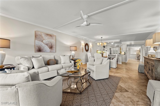 living room featuring crown molding and ceiling fan with notable chandelier