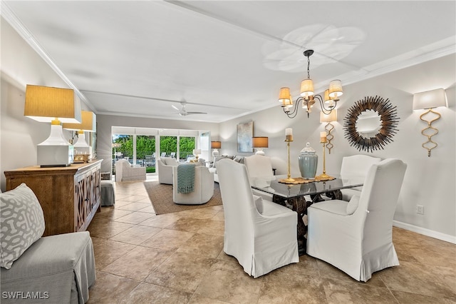 dining room with crown molding and ceiling fan with notable chandelier