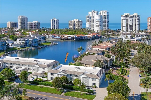 drone / aerial view with a water view