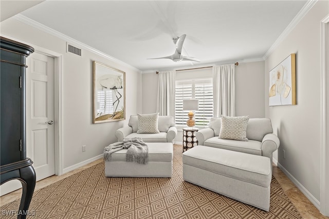 living room with crown molding and ceiling fan