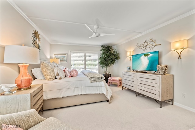 bedroom with light colored carpet, ornamental molding, and ceiling fan