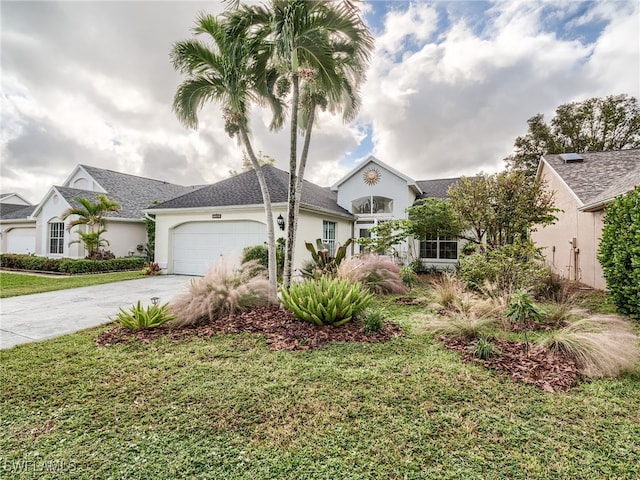 ranch-style home featuring a garage and a front yard