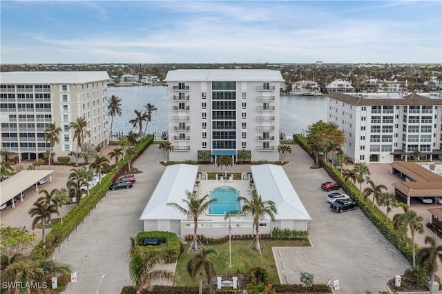 exterior space with a water view