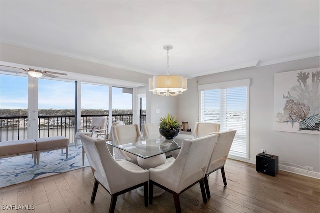 dining room featuring a water view, hardwood / wood-style flooring, and plenty of natural light