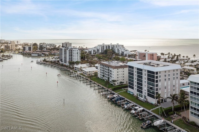 drone / aerial view featuring a water view