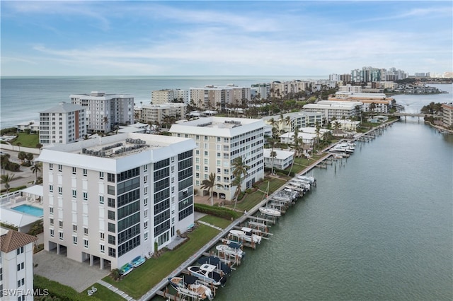 drone / aerial view with a water view