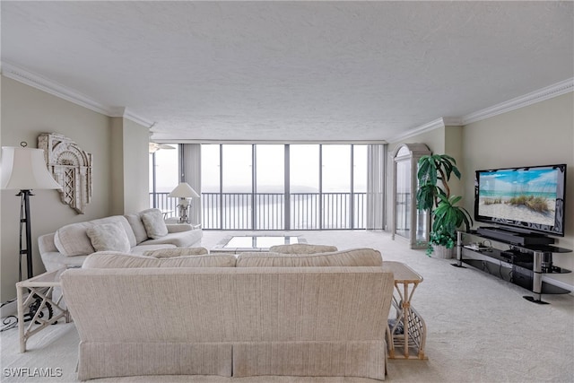 carpeted living room featuring a wealth of natural light, a textured ceiling, and ornamental molding