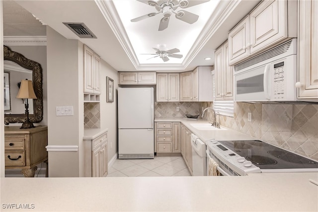 kitchen with sink, ornamental molding, ceiling fan, a raised ceiling, and white appliances