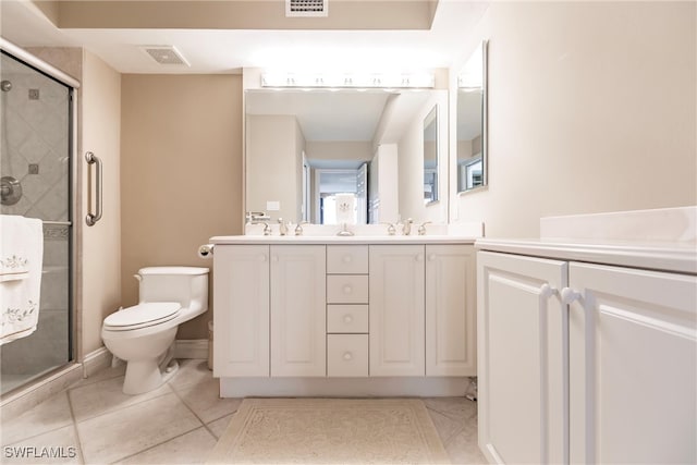 bathroom with tile patterned flooring, an enclosed shower, vanity, and toilet