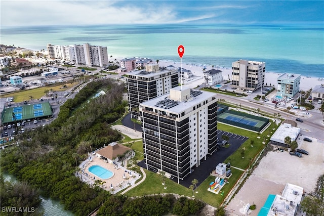 aerial view with a water view and a view of city
