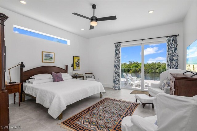 bedroom featuring access to exterior and ceiling fan