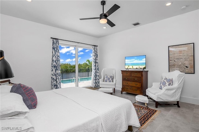 bedroom featuring ceiling fan and access to outside