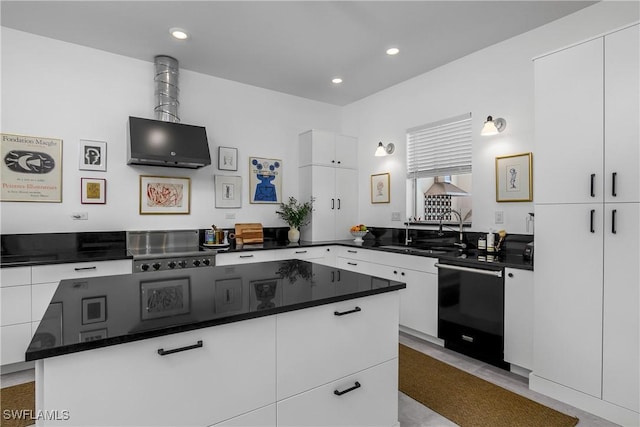 kitchen with white cabinets, dishwasher, a kitchen island, and sink